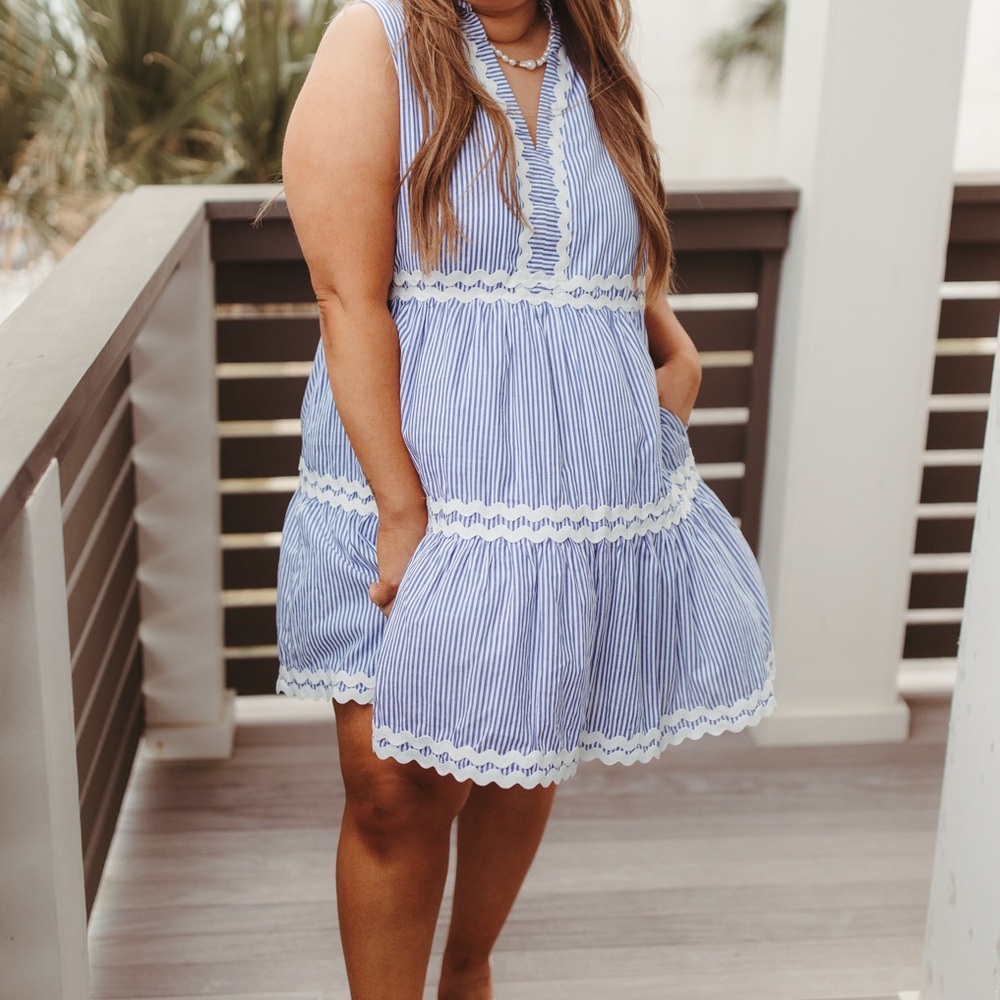 Entro Blue and White Striped Sleeveless Dress